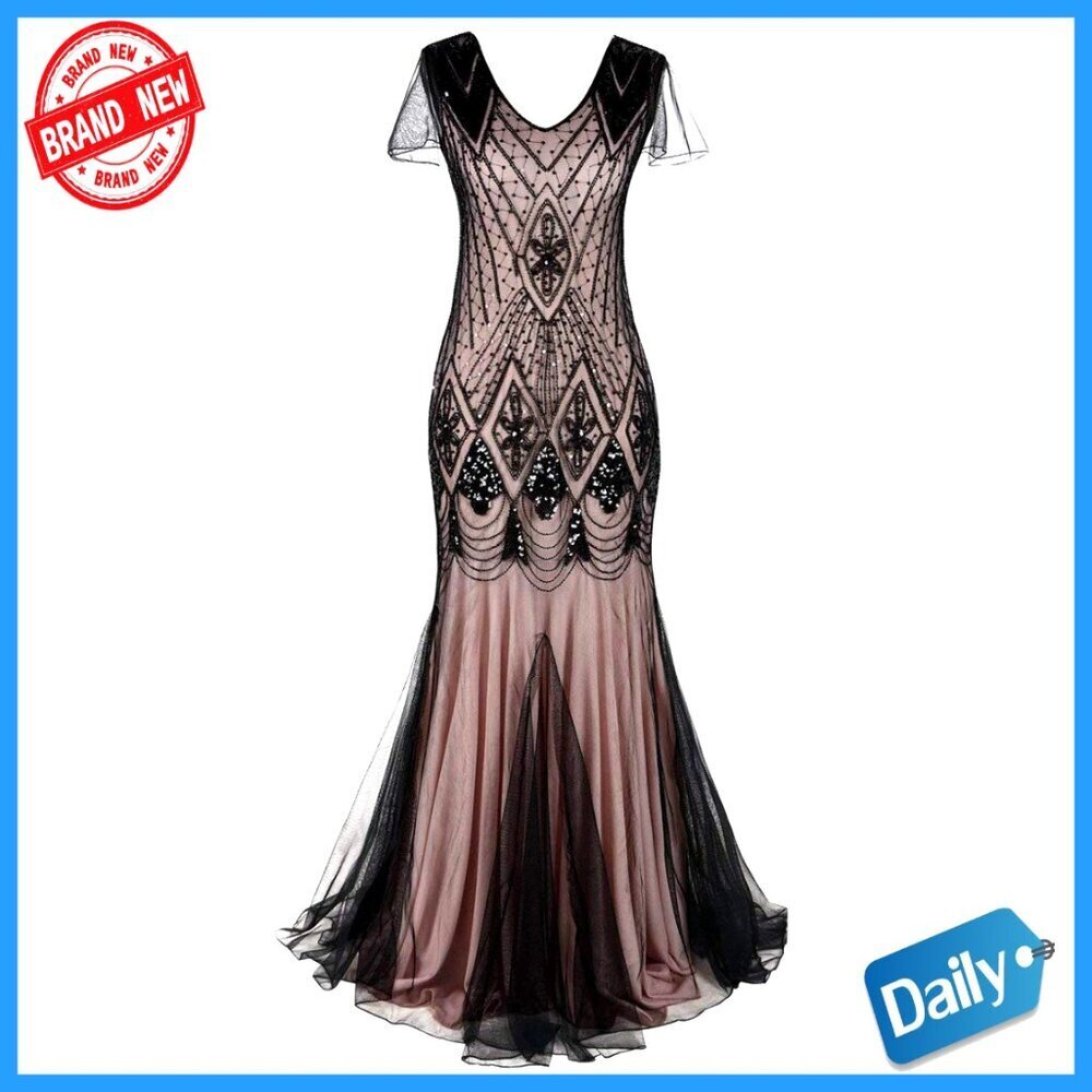 Vintage 1920s Flapper Dress Art Deco Sequins Mermaid Hem Formal Gown